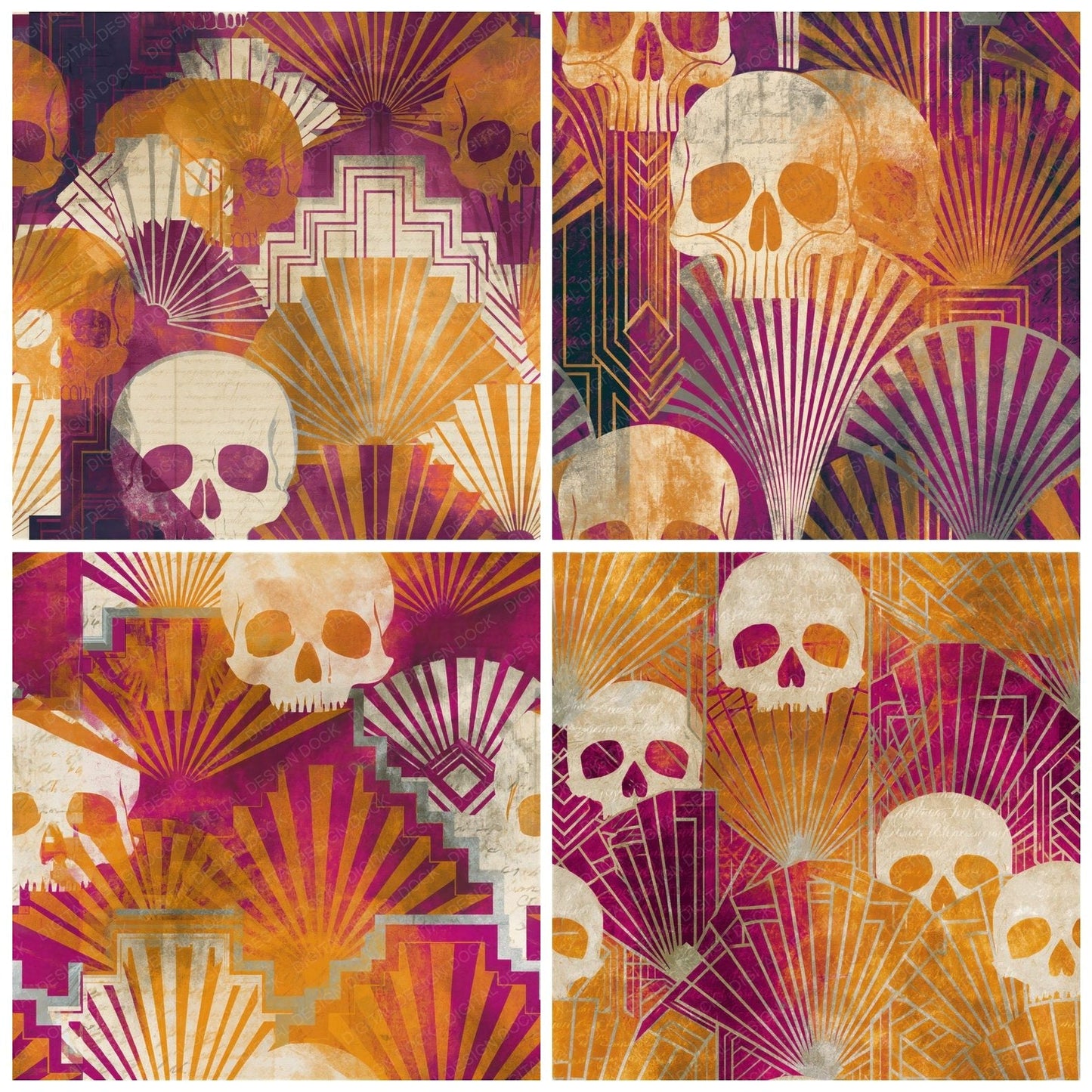 Art Deco Skulls Amber Magenta Seamless Digital Paper Pack (DDD015005)