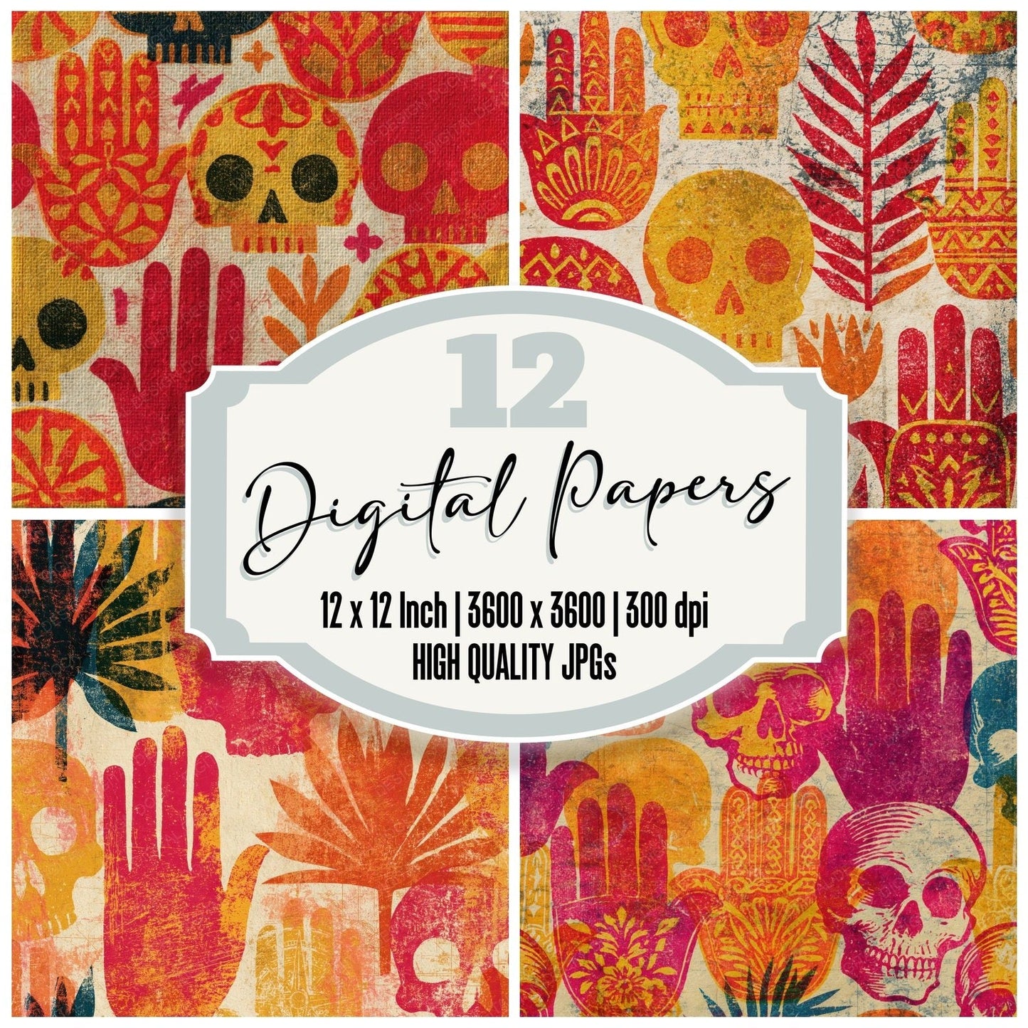 Etching Skulls Hamsa Red Lemon Digital Paper Pack (DDD015010)