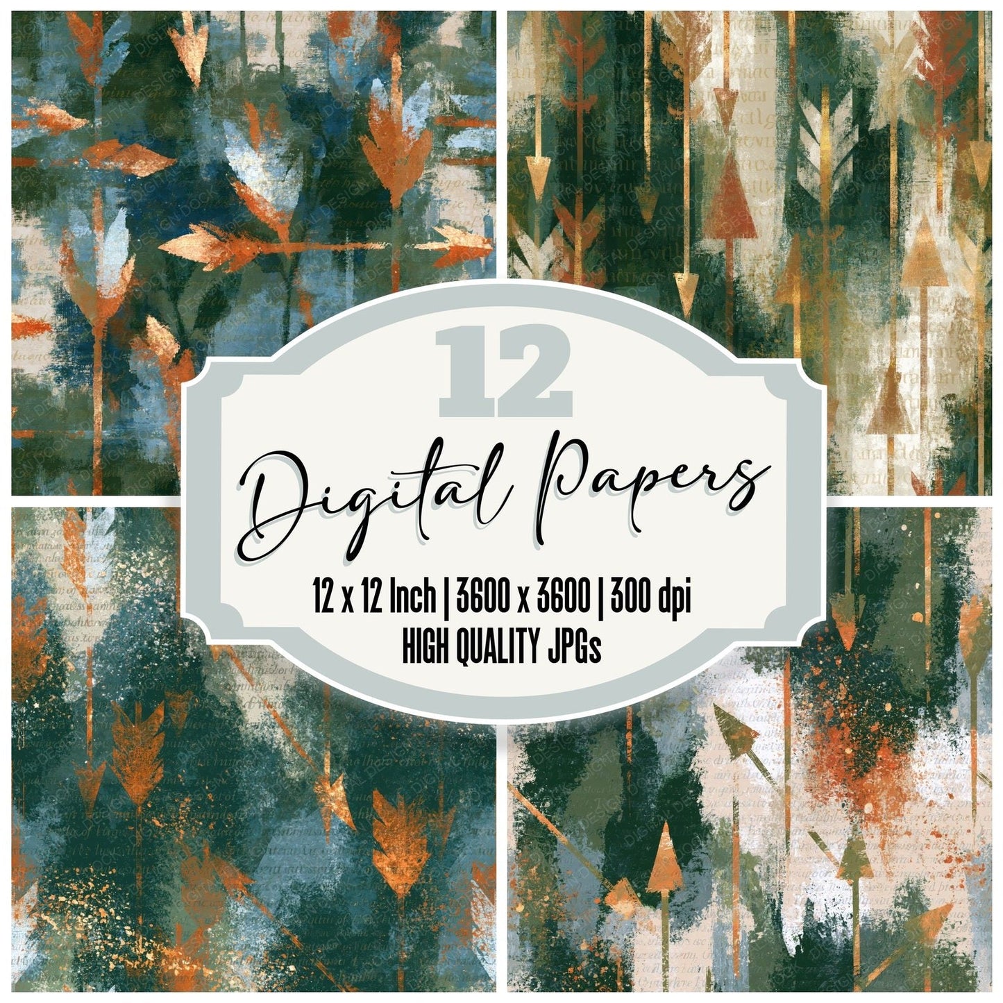 Impressionist Arrows Forest Green Bone Digital Paper Pack (DDD015011)