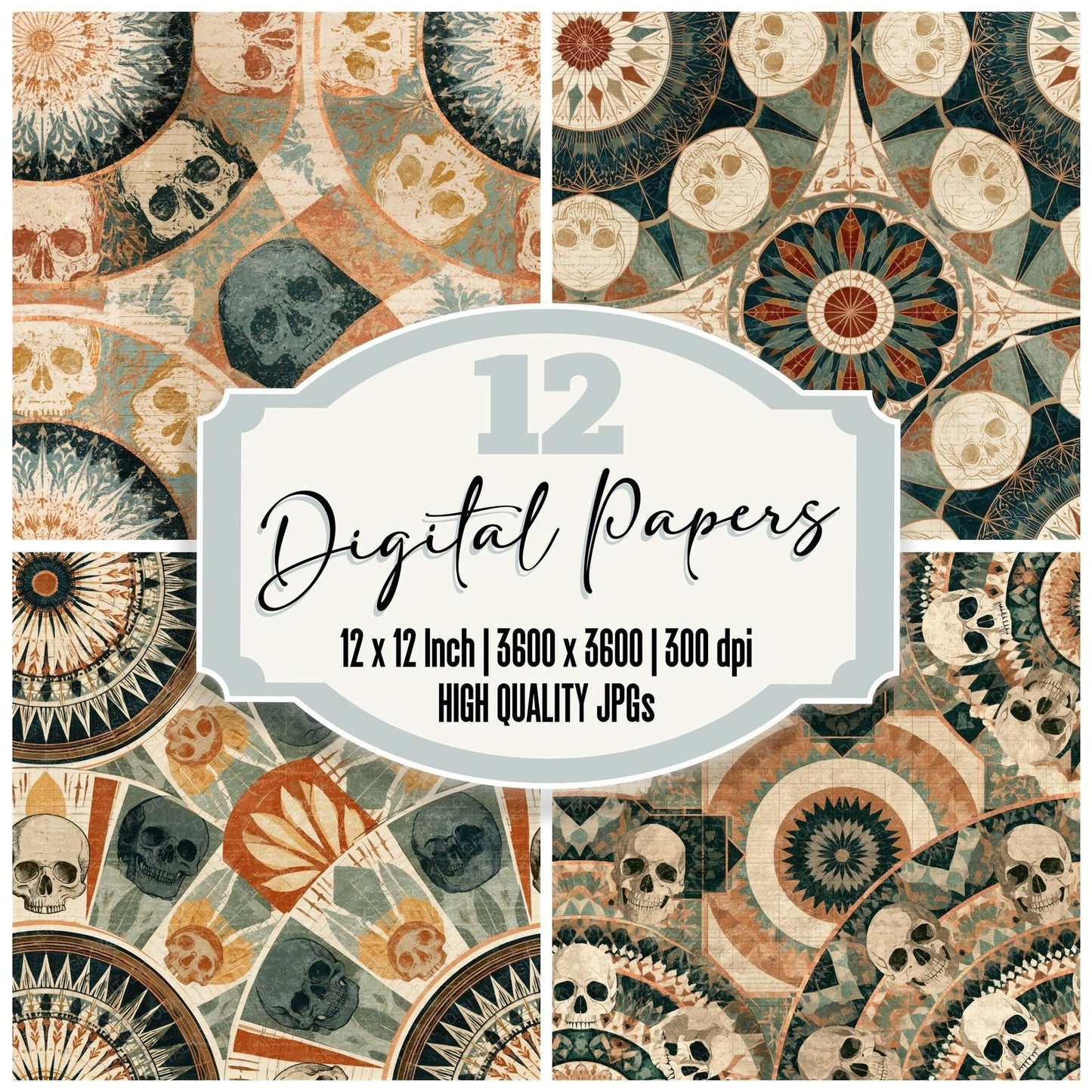 Mandala Skulls Planner Tobacco Sage Seamless Digital Paper Pack (DDD015015)