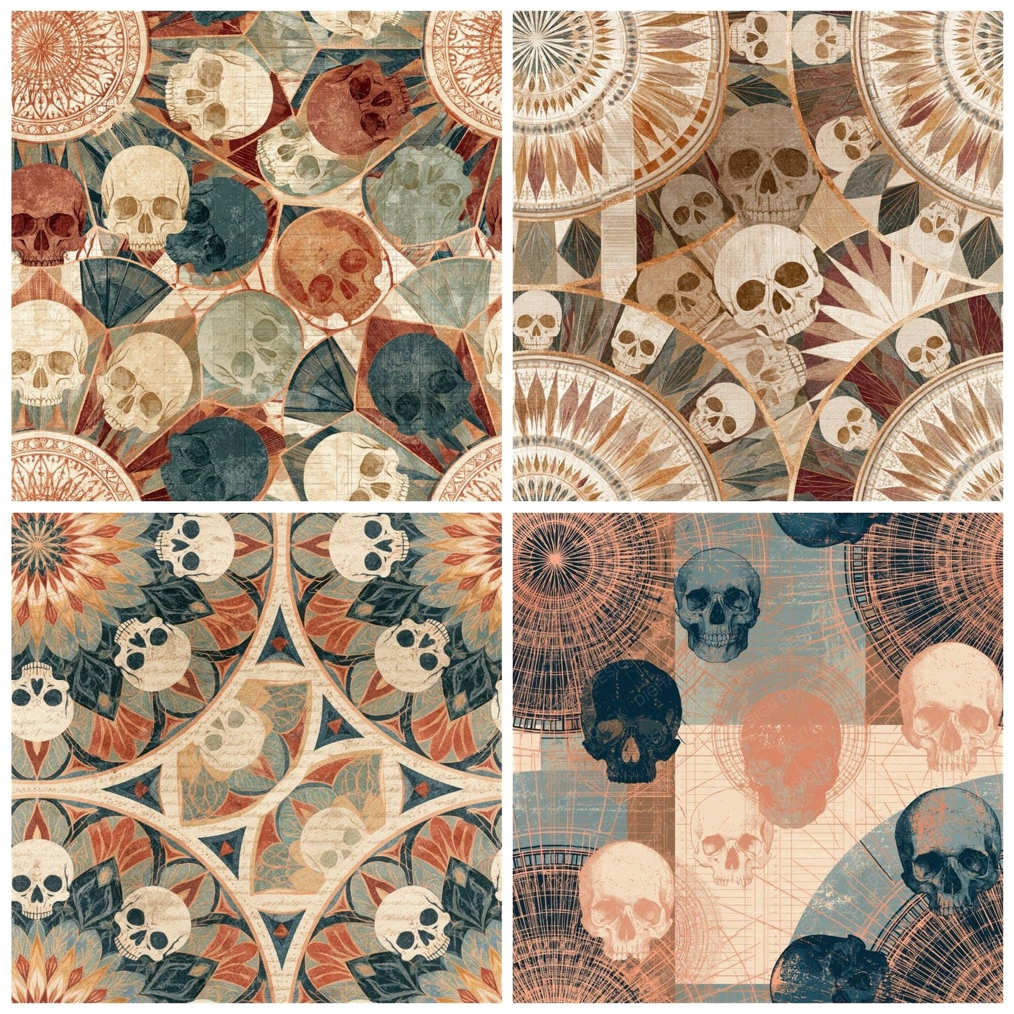 Mandala Skulls Planner Tobacco Sage Seamless Digital Paper Pack (DDD015015)