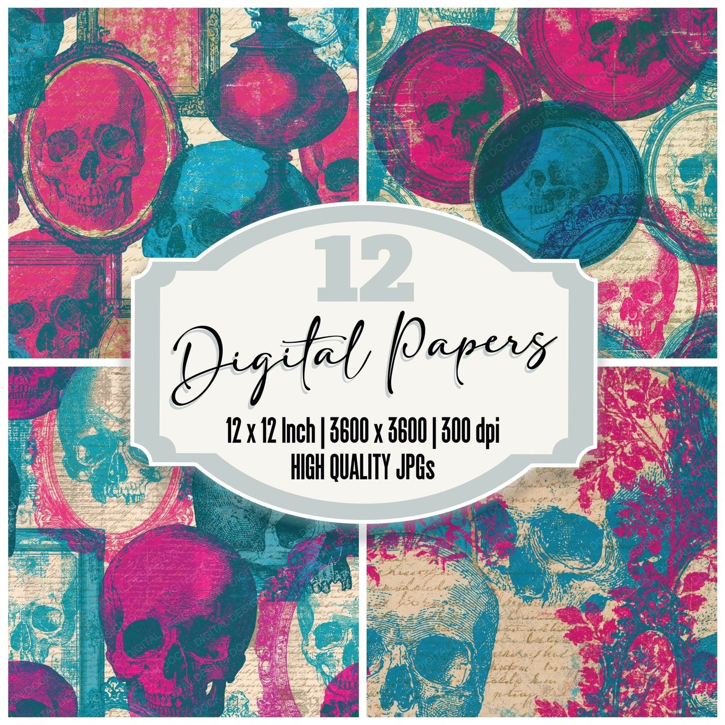 Maximalist Skulls Mirrors Bubblegum Turquoise Digital Paper Pack (DDD015016)