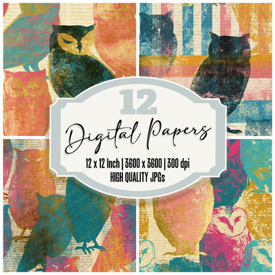 Newsprint Owls Turquoise Pink Ochre Digital Paper Pack (DDD015018)