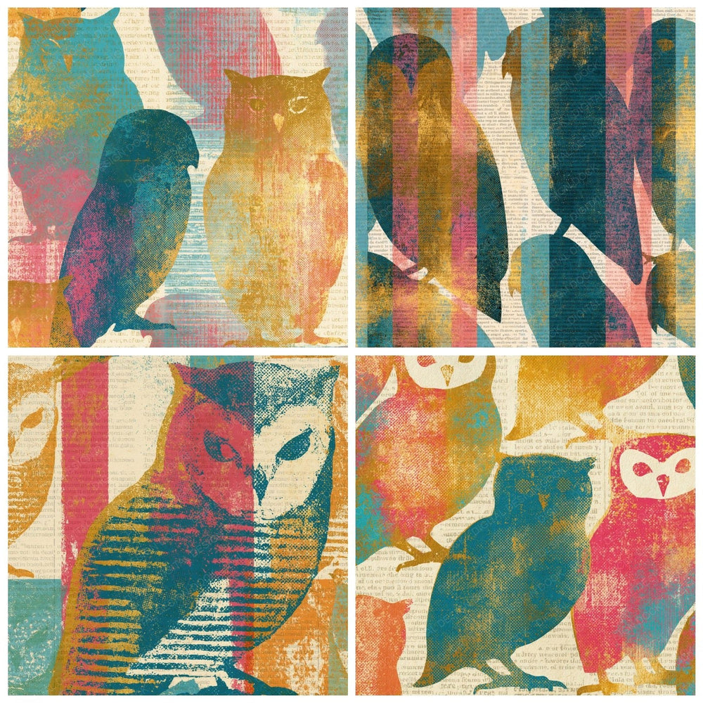 Four Newsprint Owls Turquoise Pink Ochre digital papers from the pack shown in a grid