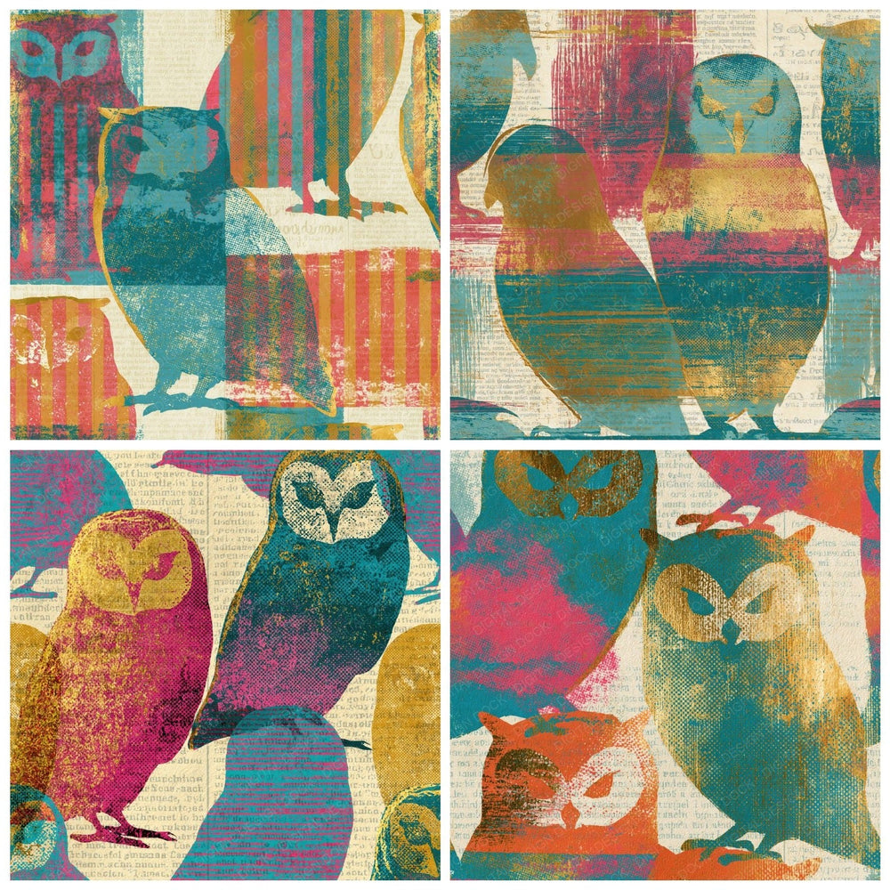 Four more Newsprint Owls Turquoise Pink Ochre digital papers from the pack shown in a grid