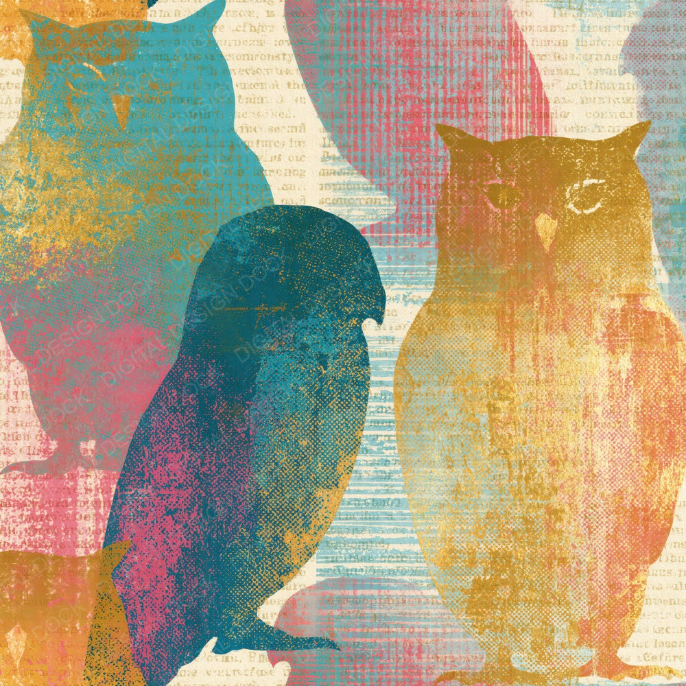 Single Newsprint Owls Turquoise Pink Ochre digital paper shown full size