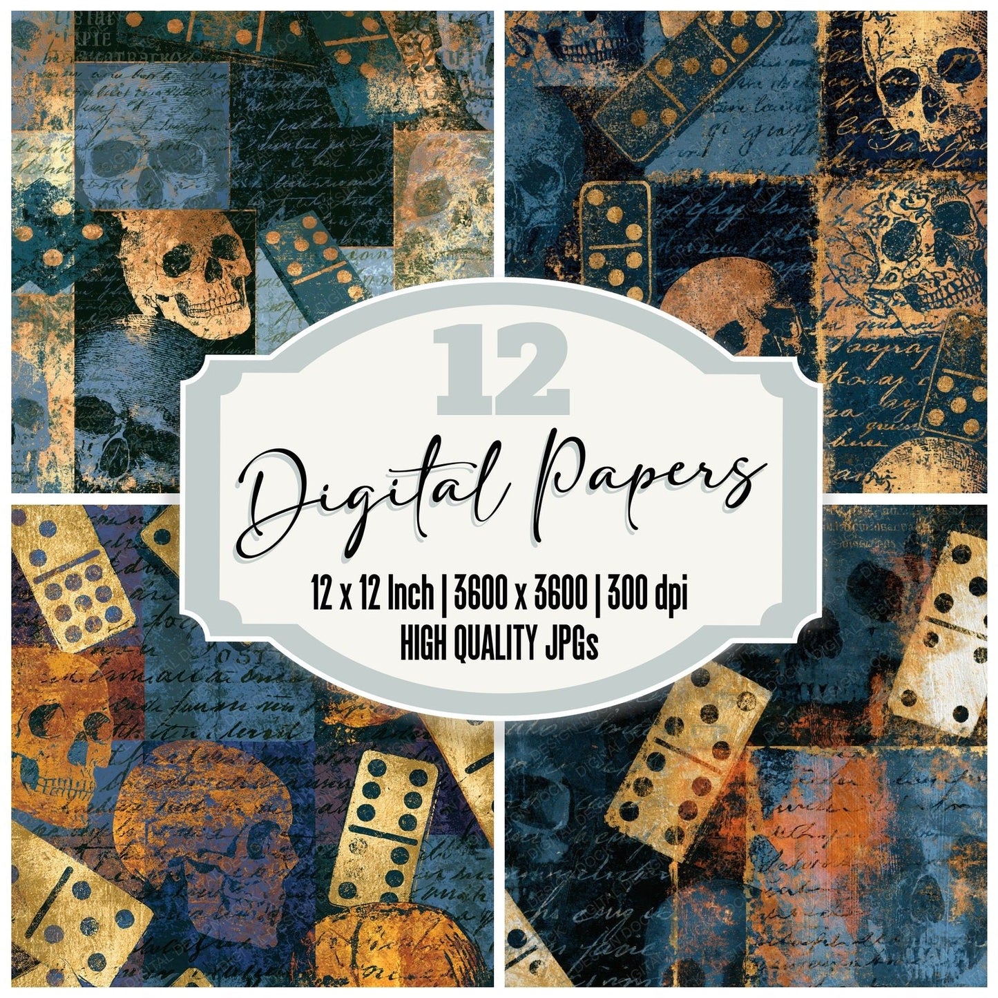 Surrealist Skulls Dominoes Iron Slate Digital Paper Pack (DDD015021)