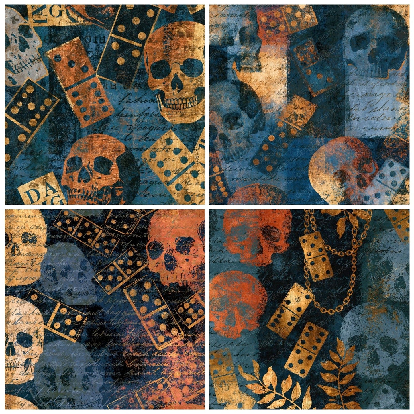 Surrealist Skulls Dominoes Iron Slate Digital Paper Pack (DDD015021)