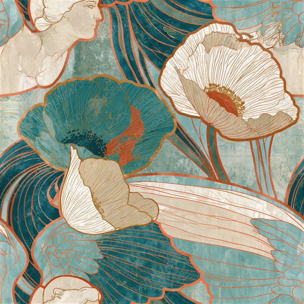 Art Nouveau Angels Anemones Turquoise Seamless Digital Paper Pack (DDD015025)