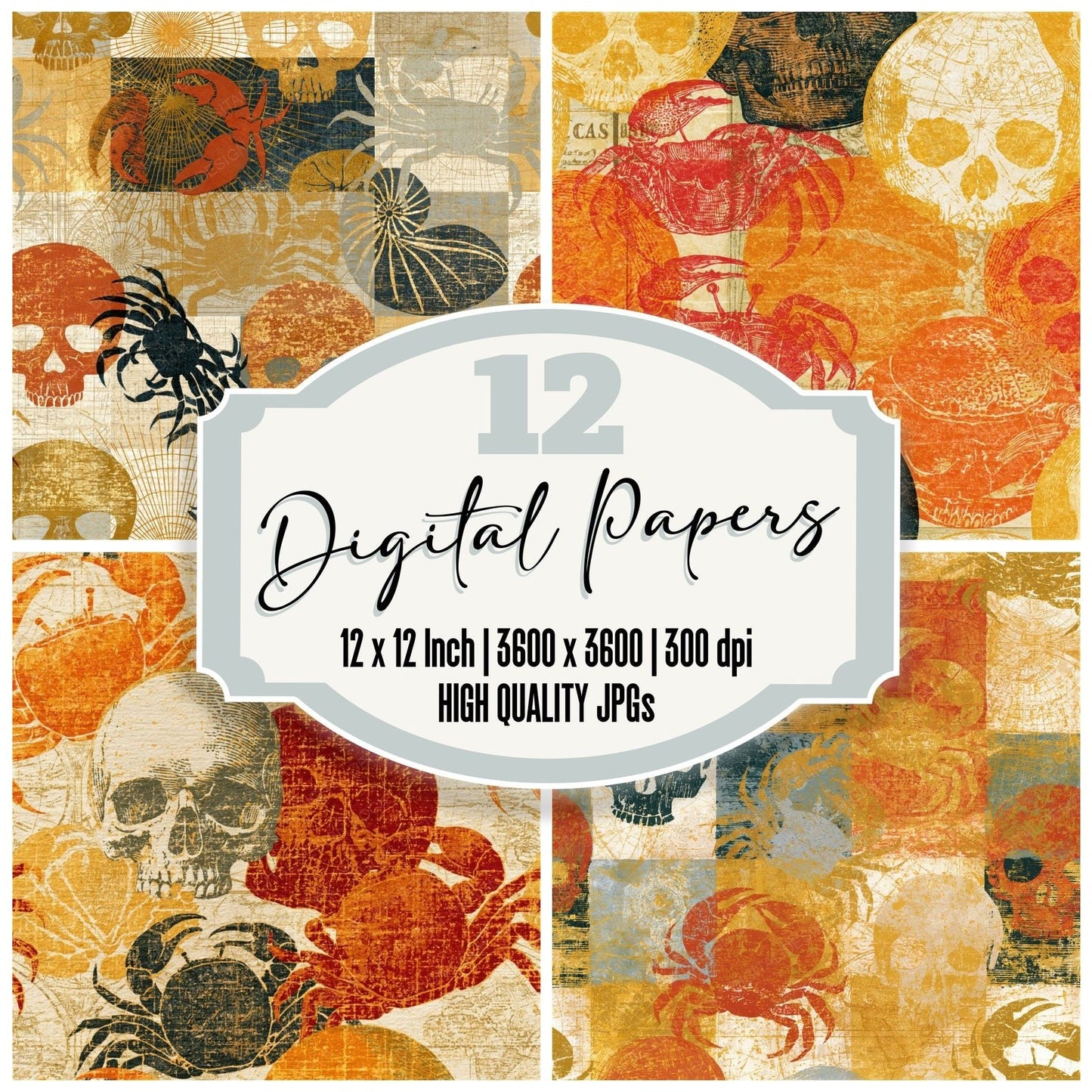 Drypoint Skulls Hermit Crabs Amber Seamless Digital Paper Pack (DDD015027)