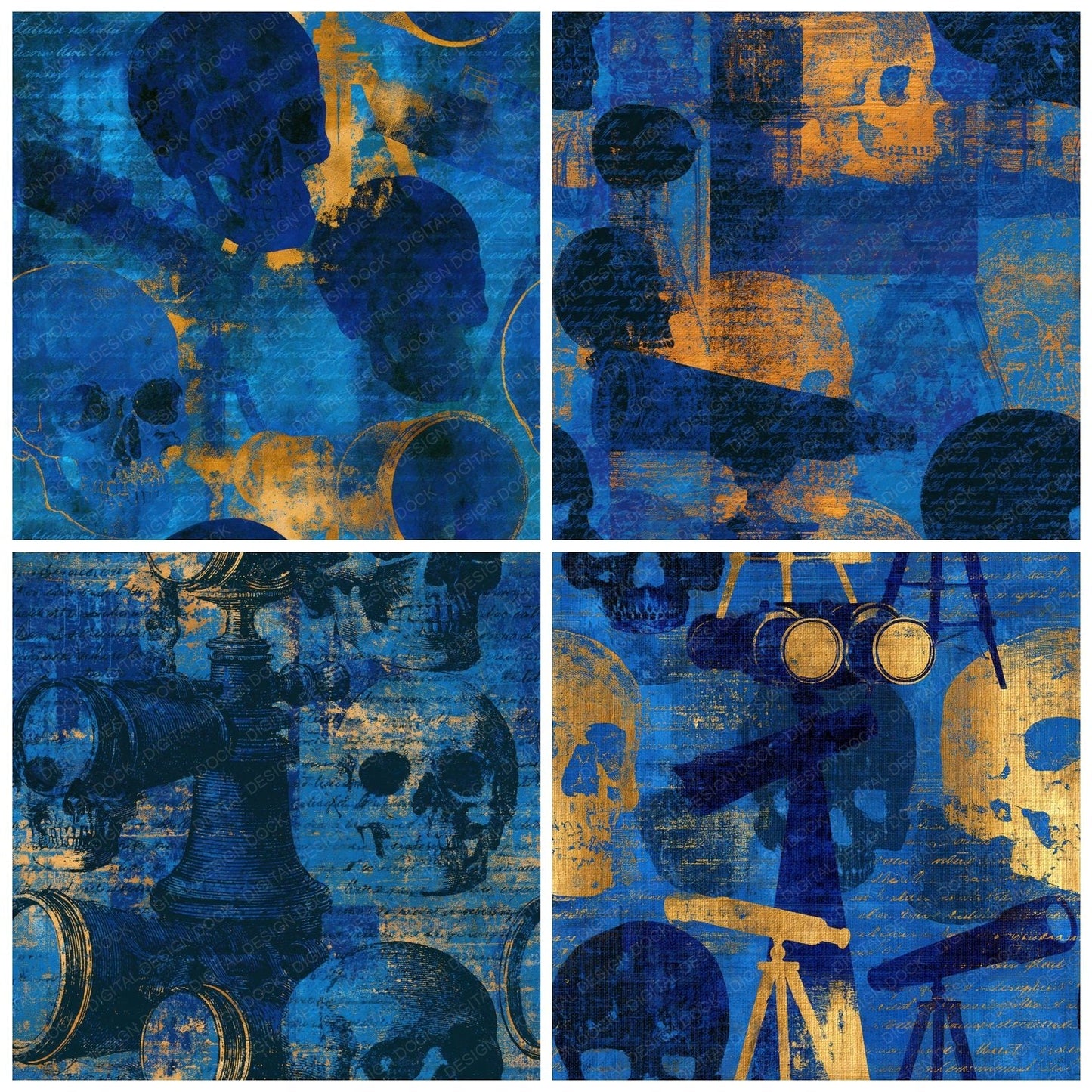 Sparse Skulls Telescopes Electric Blue Seamless Digital Paper Pack (DDD015039)