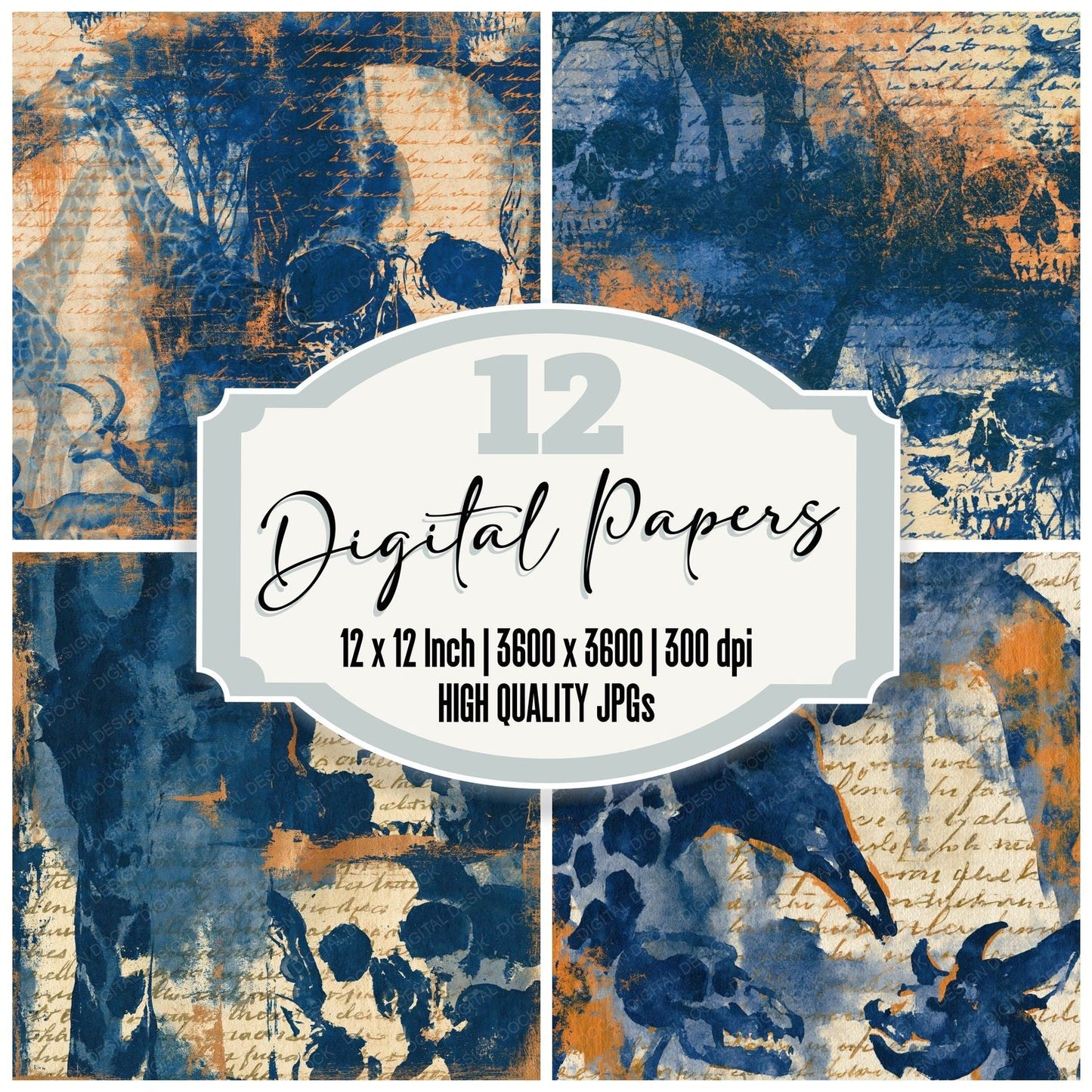Sumi-e Skulls Giraffes Indigo Ivory Digital Paper Pack (DDD015041)