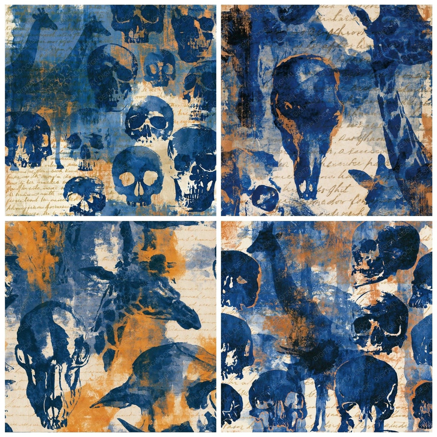 Sumi-e Skulls Giraffes Indigo Ivory Digital Paper Pack (DDD015041)