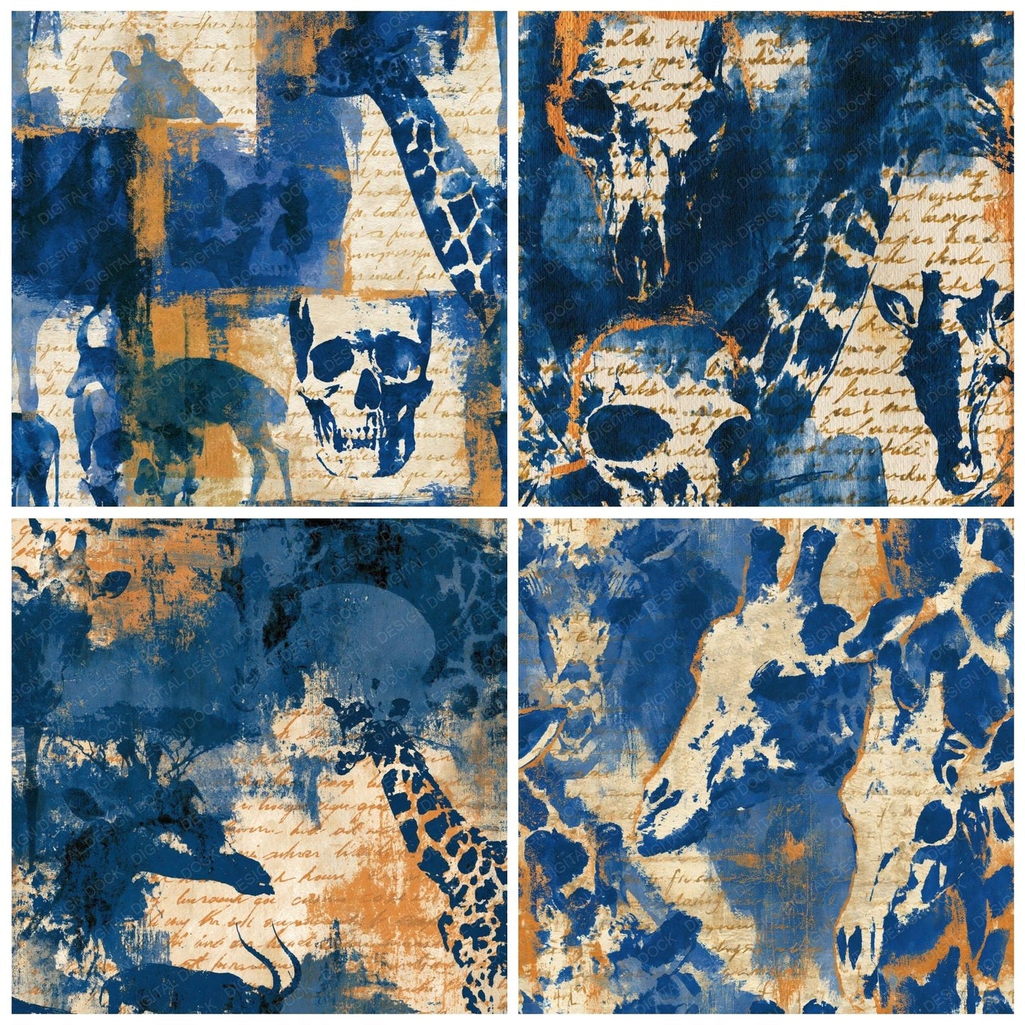 Sumi-e Skulls Giraffes Indigo Ivory Digital Paper Pack (DDD015041)