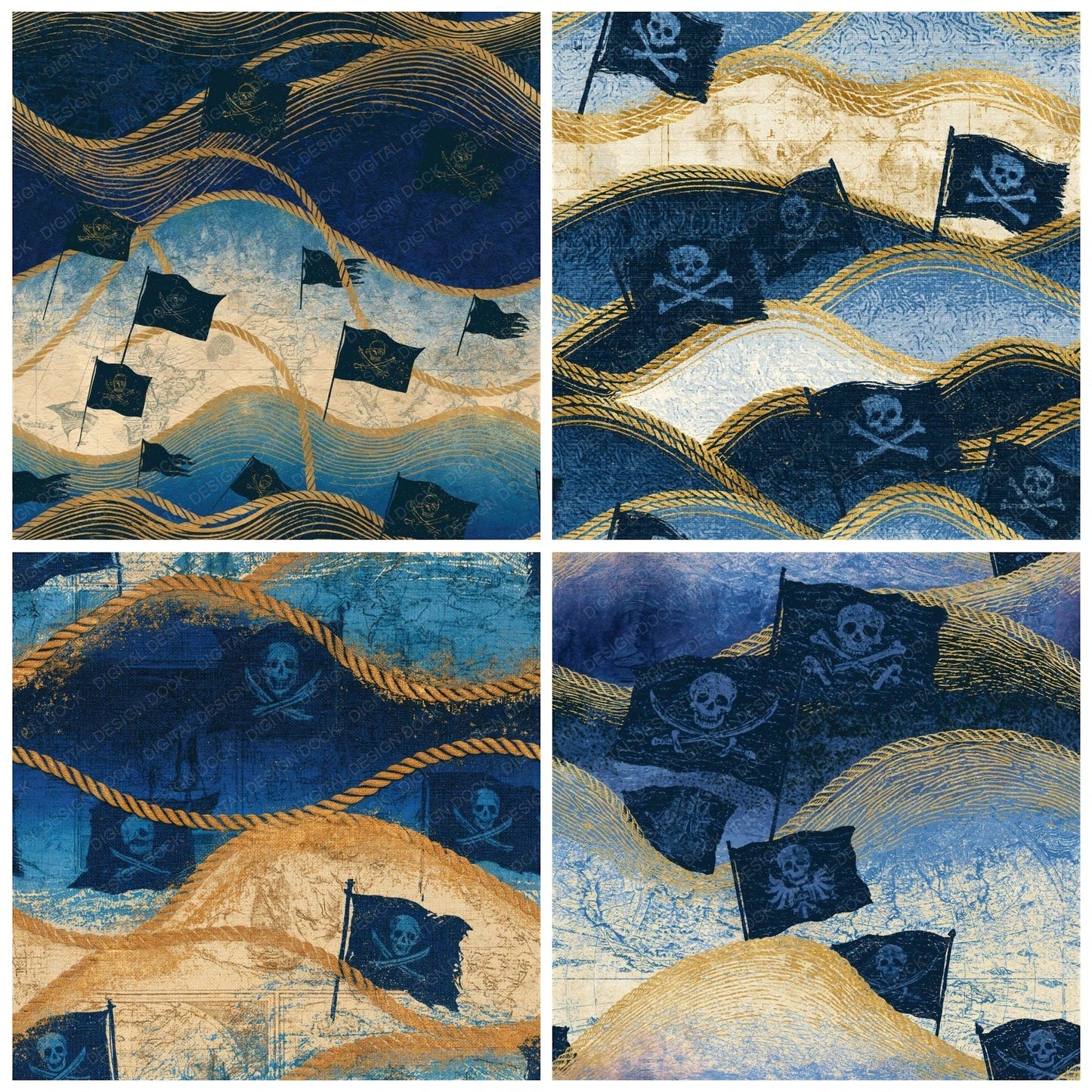 Antique Map Pirate Flags Navy Bone Seamless Digital Paper Pack (DDD015045)