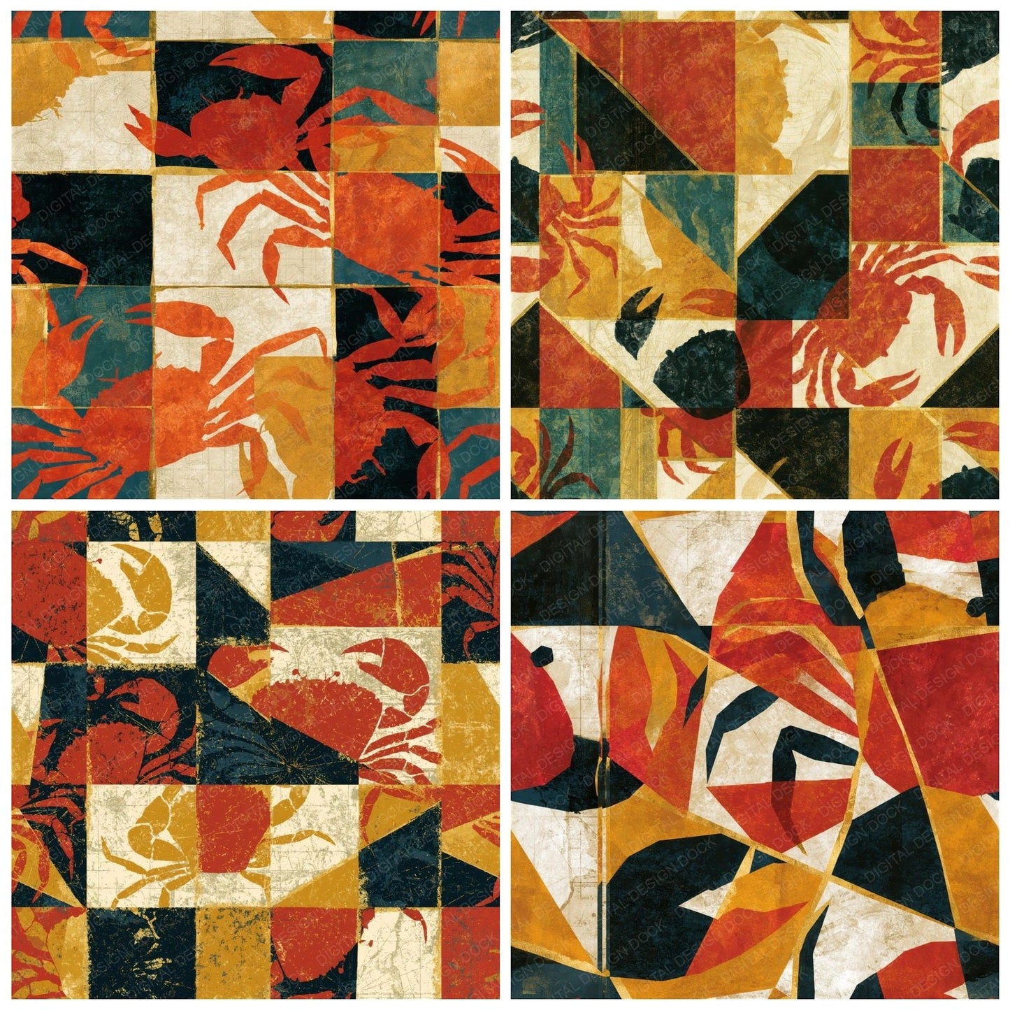 Cubist Crab Terracotta Mustard Seamless Digital Paper Pack (DDD015049)