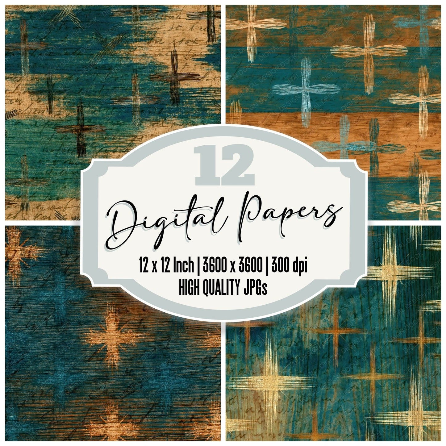 Pyrography Cross Staffs Teal Bone Digital Paper Pack (DDD015060)