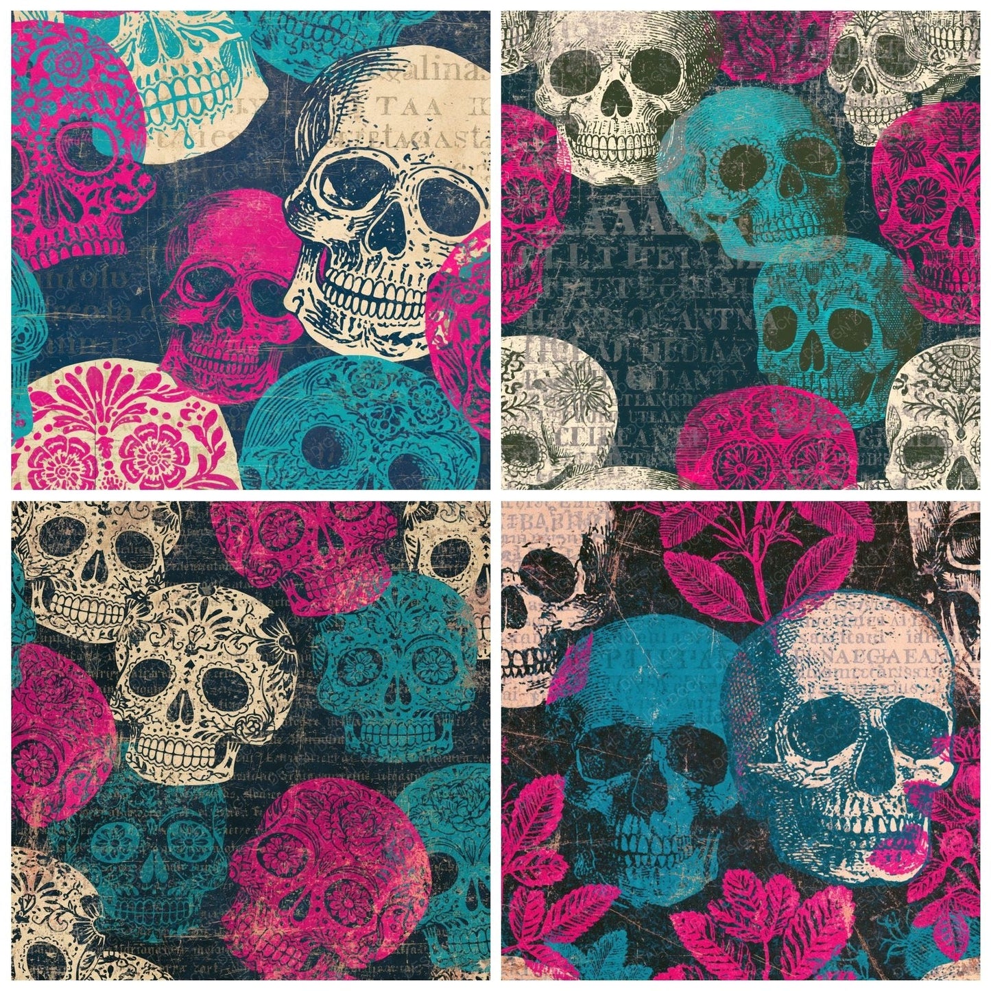 Scratchboard Skulls Bubblegum Turquoise Digital Paper Pack (DDD015062)