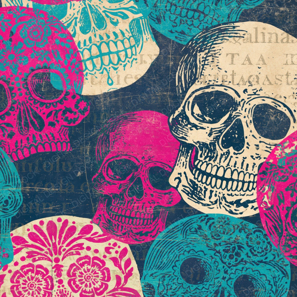 Scratchboard Skulls Bubblegum Turquoise Digital Paper Pack (DDD015062)