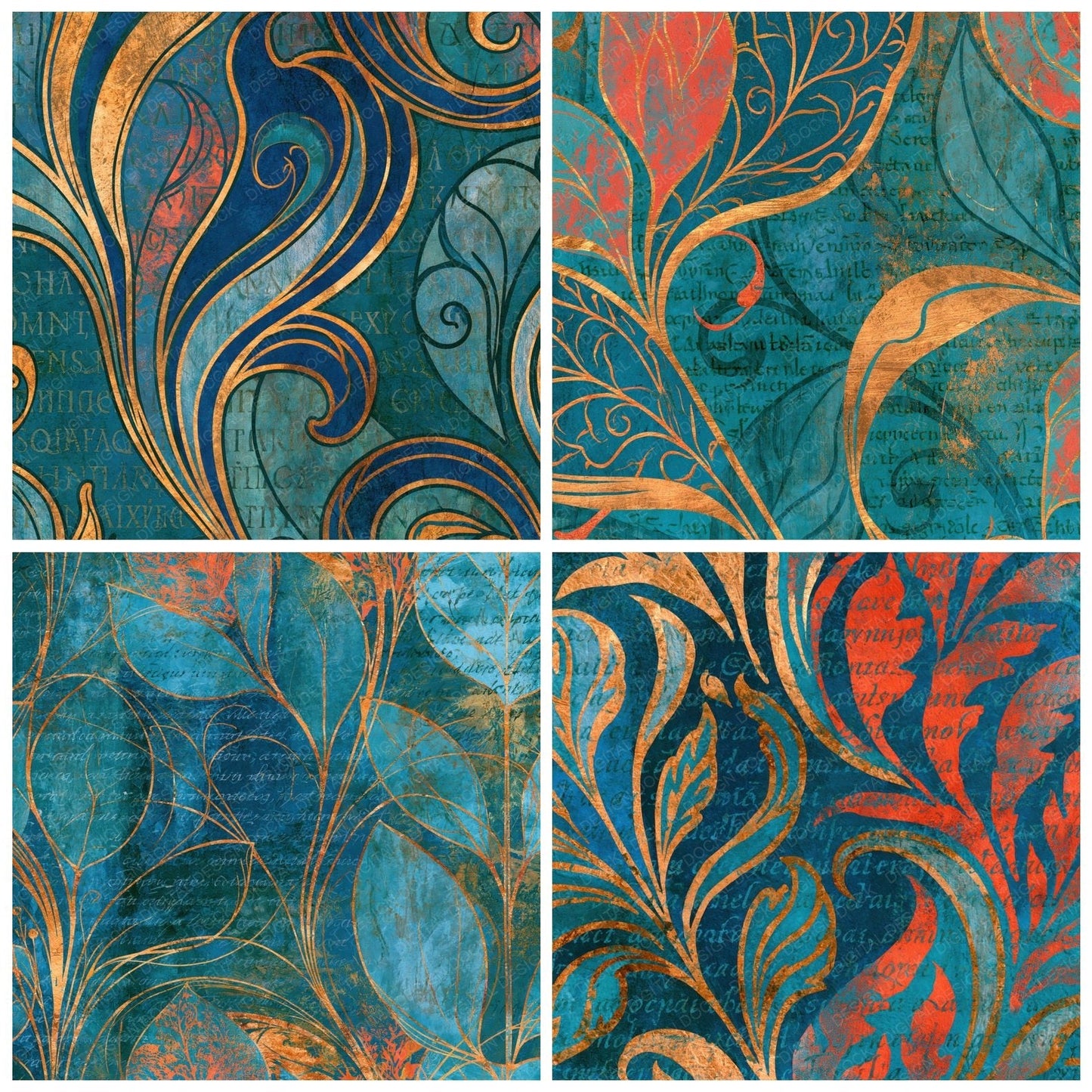 Art Nouveau Enochian Script Lagoon Coral Digital Paper Pack (DDD015066)