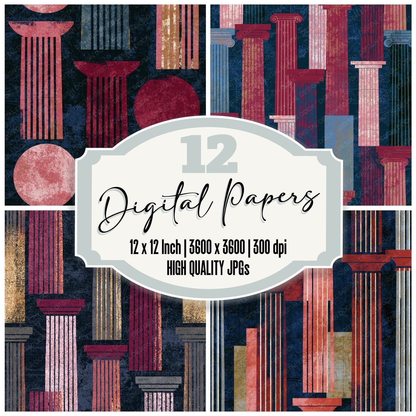 Mid Century Doric Columns Wine Navy Digital Paper Pack (DDD015077)