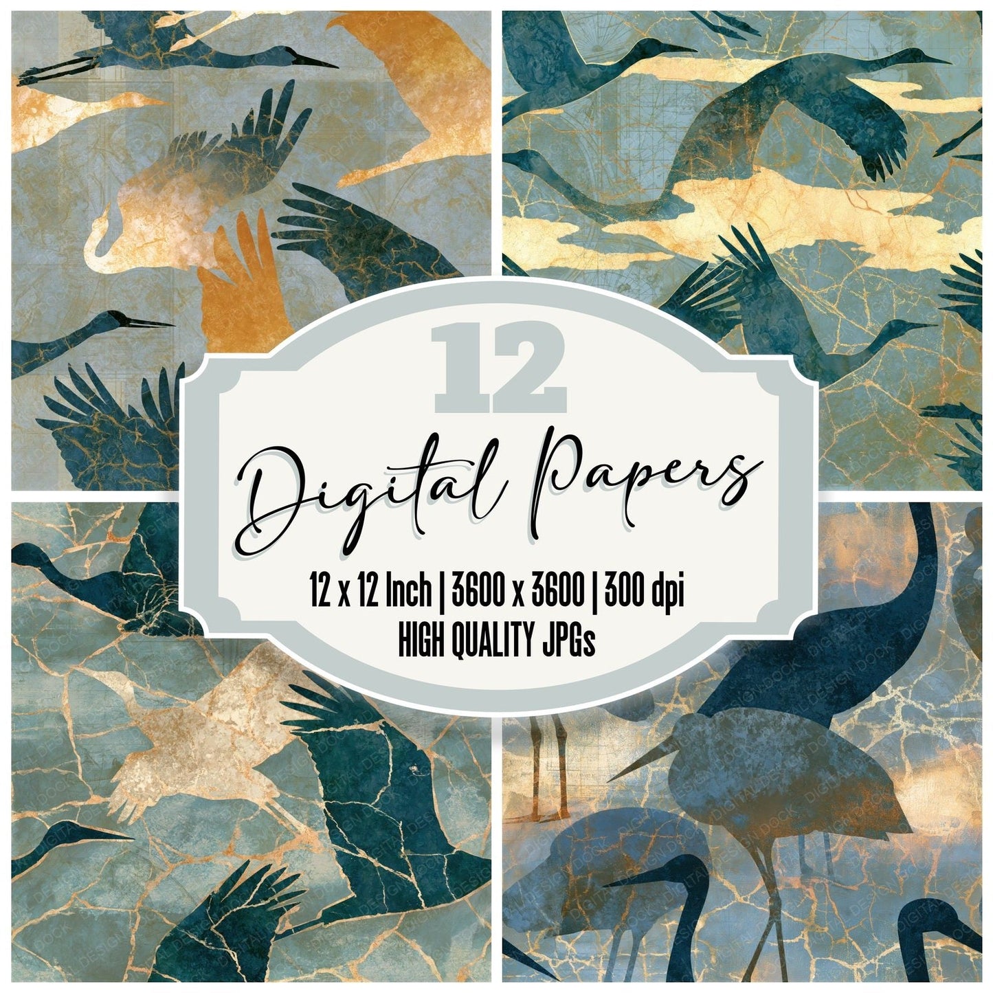 Batik Storks Stone Bone Seamless Digital Paper Pack (DDD015085)