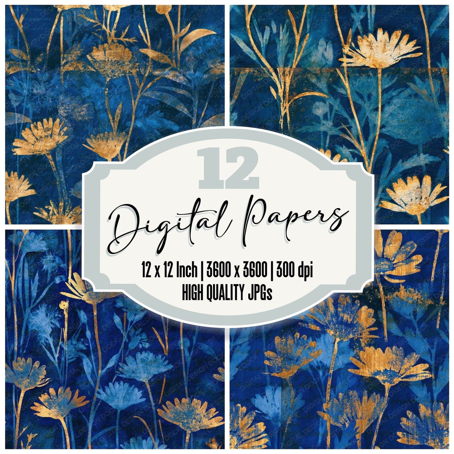 Cyanotype Daisy Prussian Blue Seamless Digital Paper Pack (DDD015086)