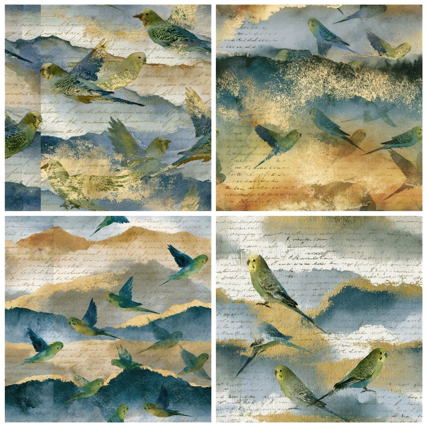 Ink Wash Budgerigars Sand Seamless Digital Paper Pack (DDD015090)