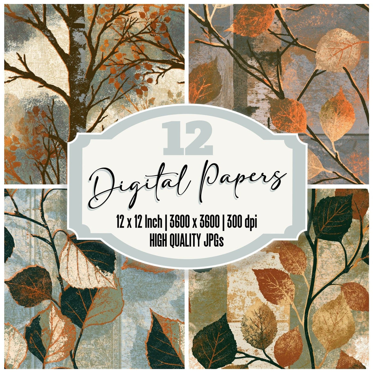 Risograph Birch Twigs Sepia Seamless digital paper pack cover showing four of the 12 papers