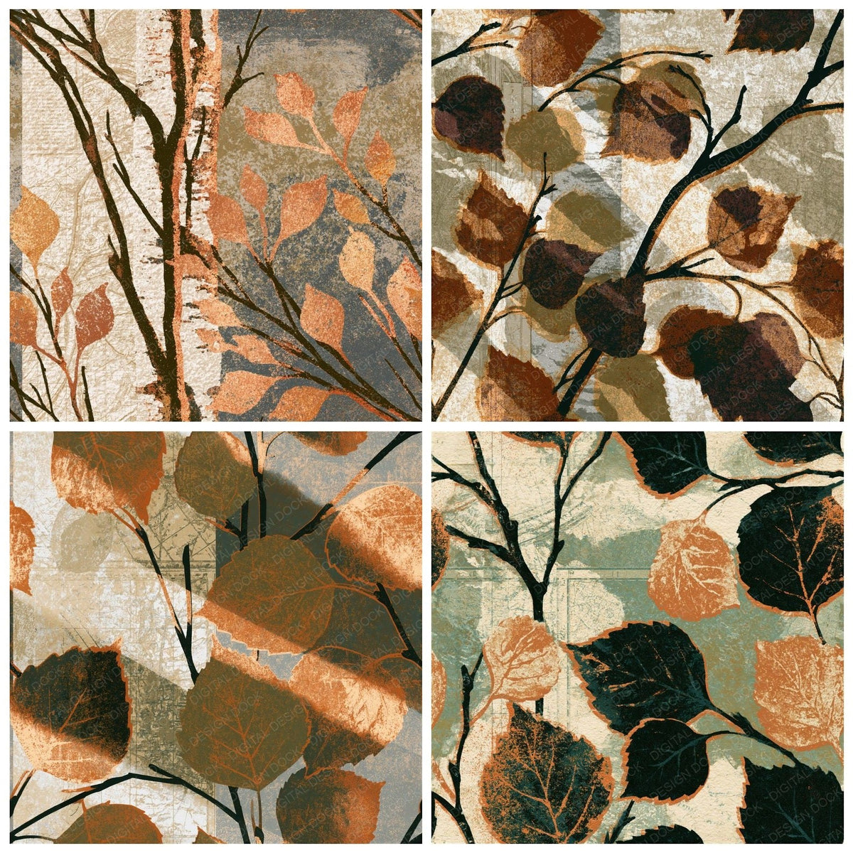 Four Risograph Birch Twigs Sepia Seamless digital papers from the pack shown in a grid