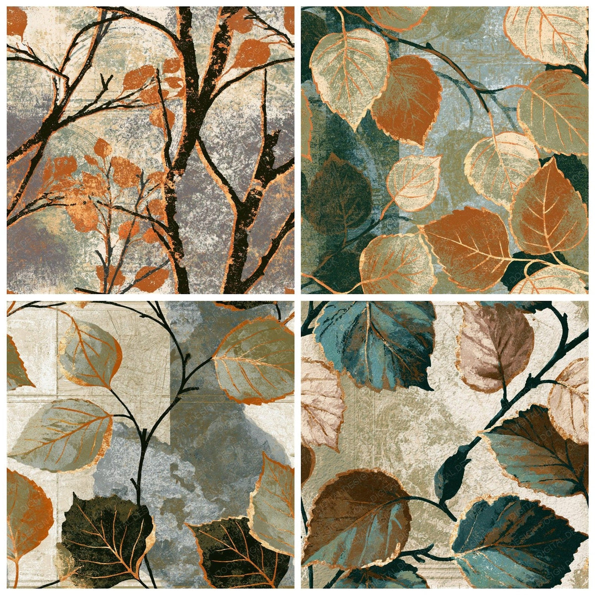 Four more Risograph Birch Twigs Sepia Seamless digital papers from the pack shown in a grid