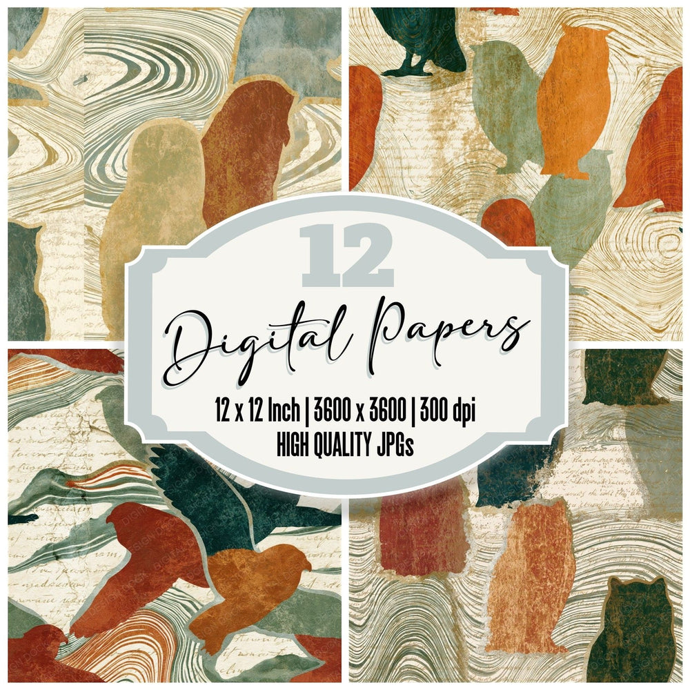 Suminagashi Tawny Owls Adobe Sage Seamless digital paper pack cover showing four of the 12 papers