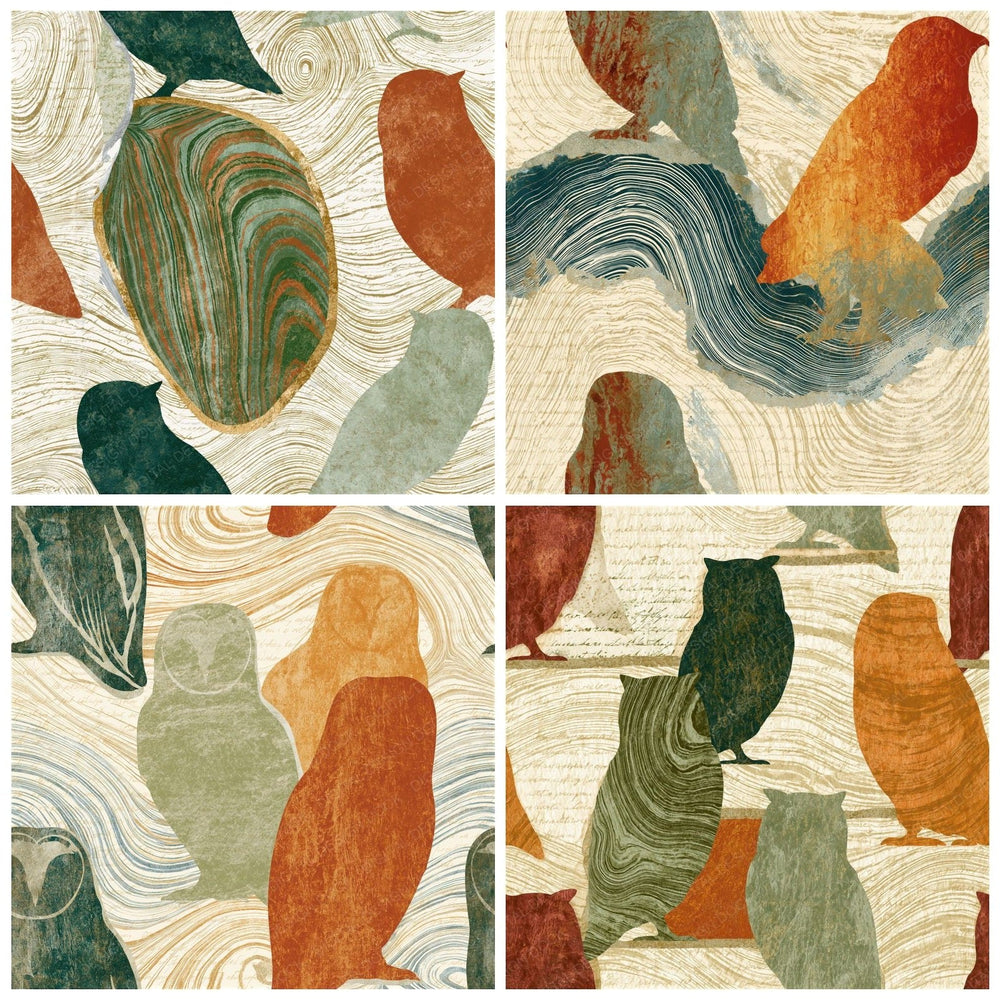 Four more Suminagashi Tawny Owls Adobe Sage Seamless digital papers from the pack shown in a grid