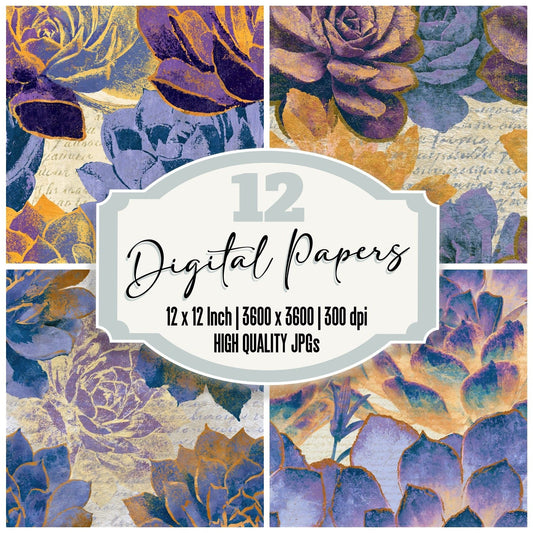 Surrealist Succulents Lavender Butter Seamless digital paper pack cover showing four of the 12 papers