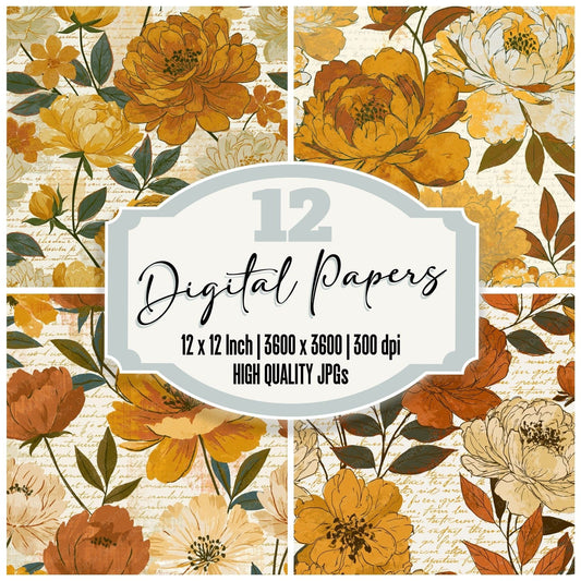 Mid Century Peonies Amber Bone digital paper pack cover showing four of the 12 papers