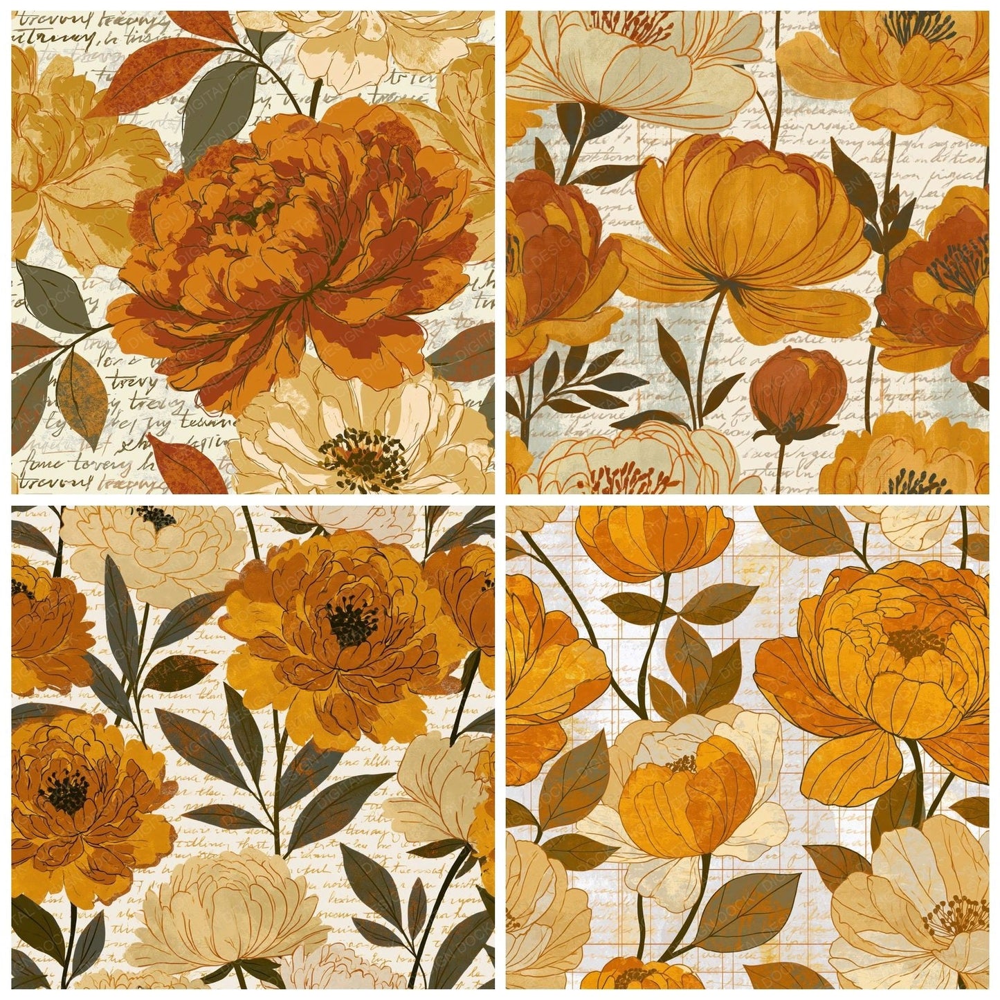 Mid Century Peonies Amber Bone Digital Paper Pack (DDD015112)