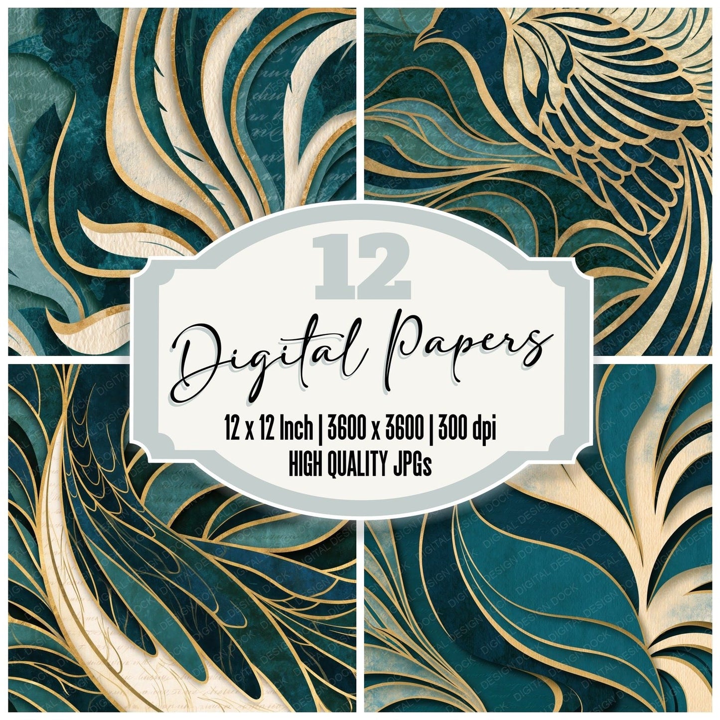 Papercut Lyrebird Teal Bone Digital Paper Pack (DDD015117)