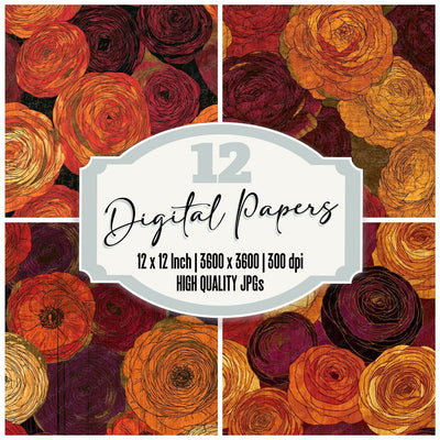 Pyrography Ranunculus Pumpkin Wine Digital Paper Pack (DDD015119)