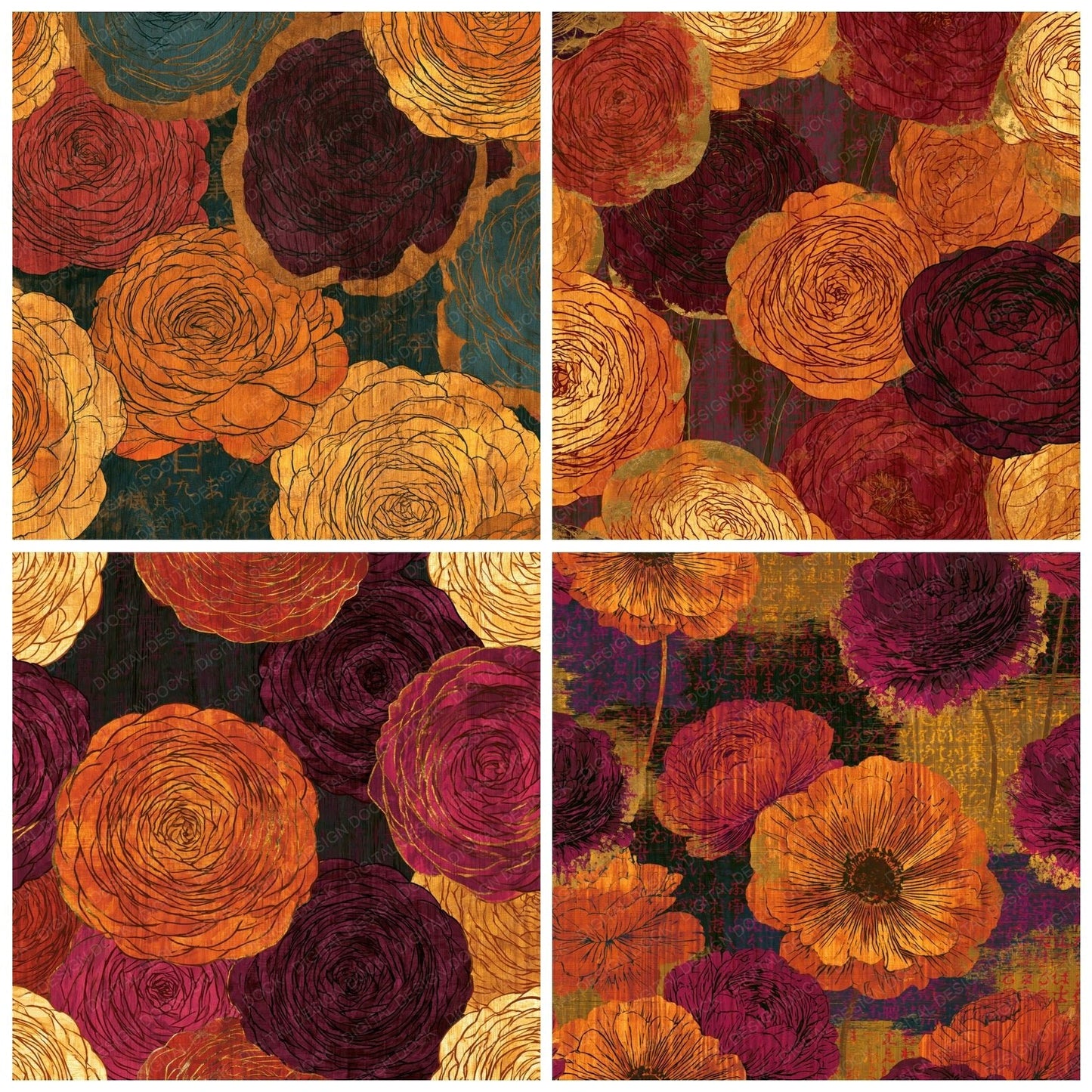Pyrography Ranunculus Pumpkin Wine Digital Paper Pack (DDD015119)