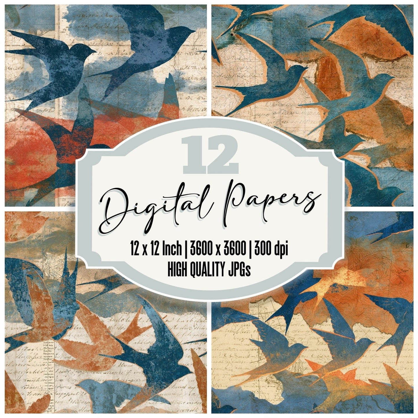 Antique Map Martin Azure Terracotta Seamless Digital Paper Pack (DDD015126)