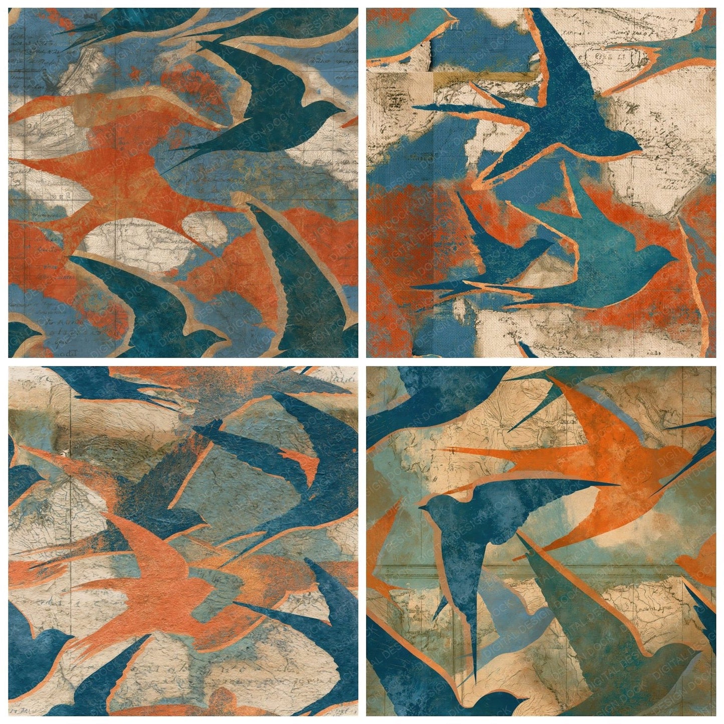 Antique Map Martin Azure Terracotta Seamless Digital Paper Pack (DDD015126)