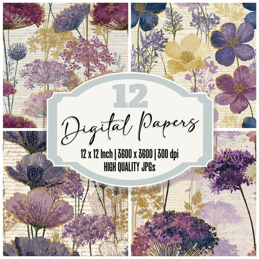 ASCII Wildflowers Lilac Mauve Seamless digital paper pack cover showing four of the 12 papers