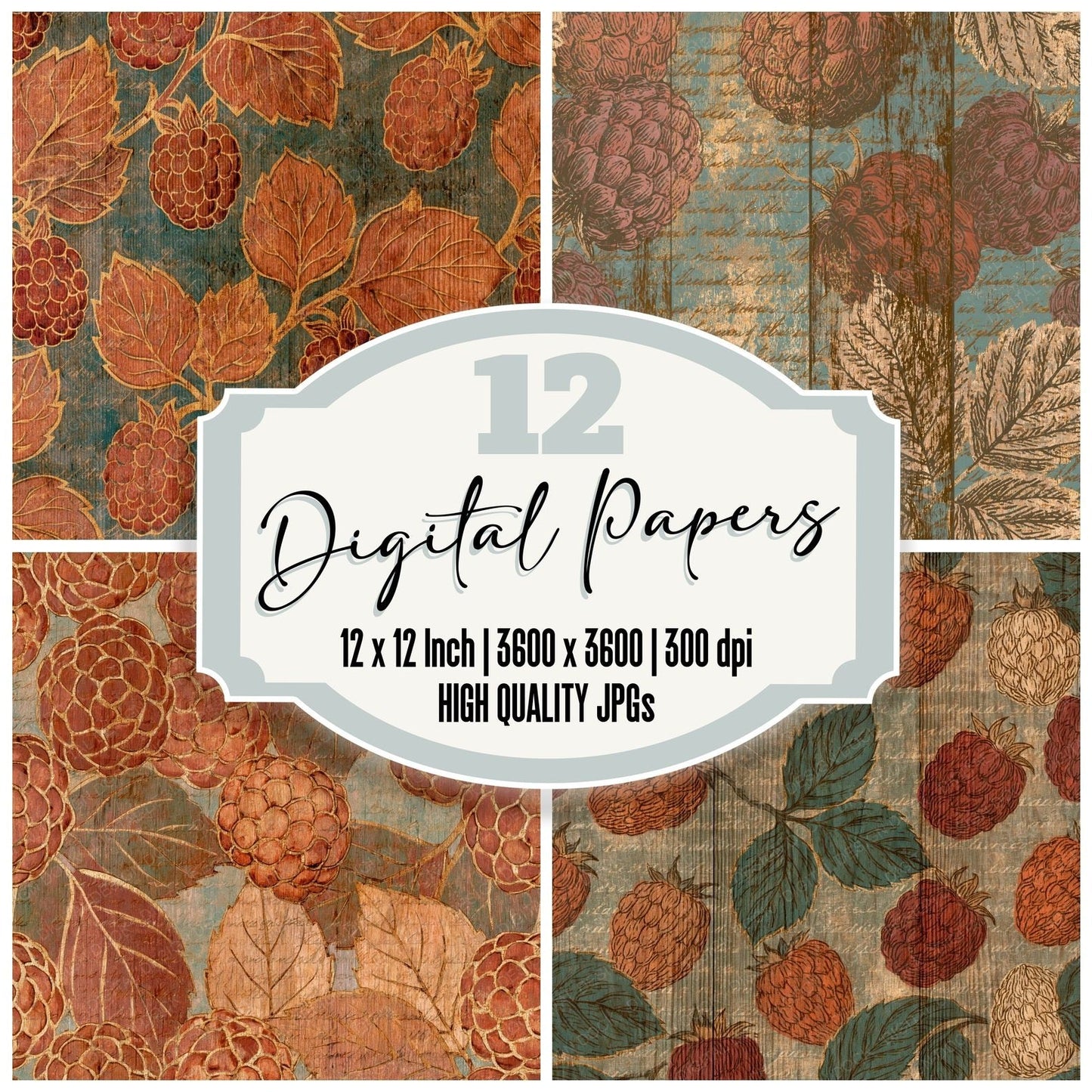 Pyrography Raspberries Terracotta Sage Digital Paper Pack (DDD015135)
