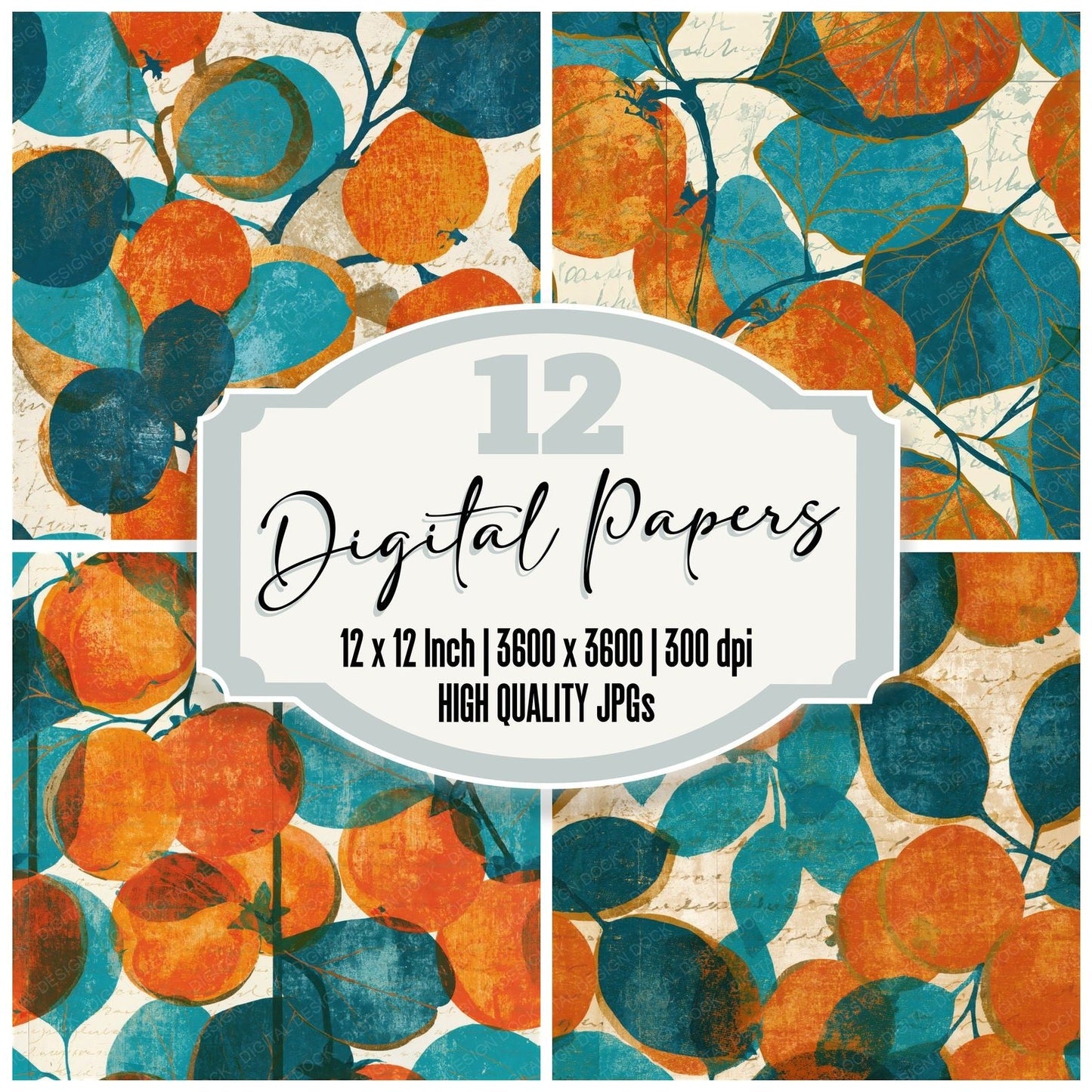 Screenprint Medlars Tangerine Aqua Seamless Digital Paper Pack (DDD015138)