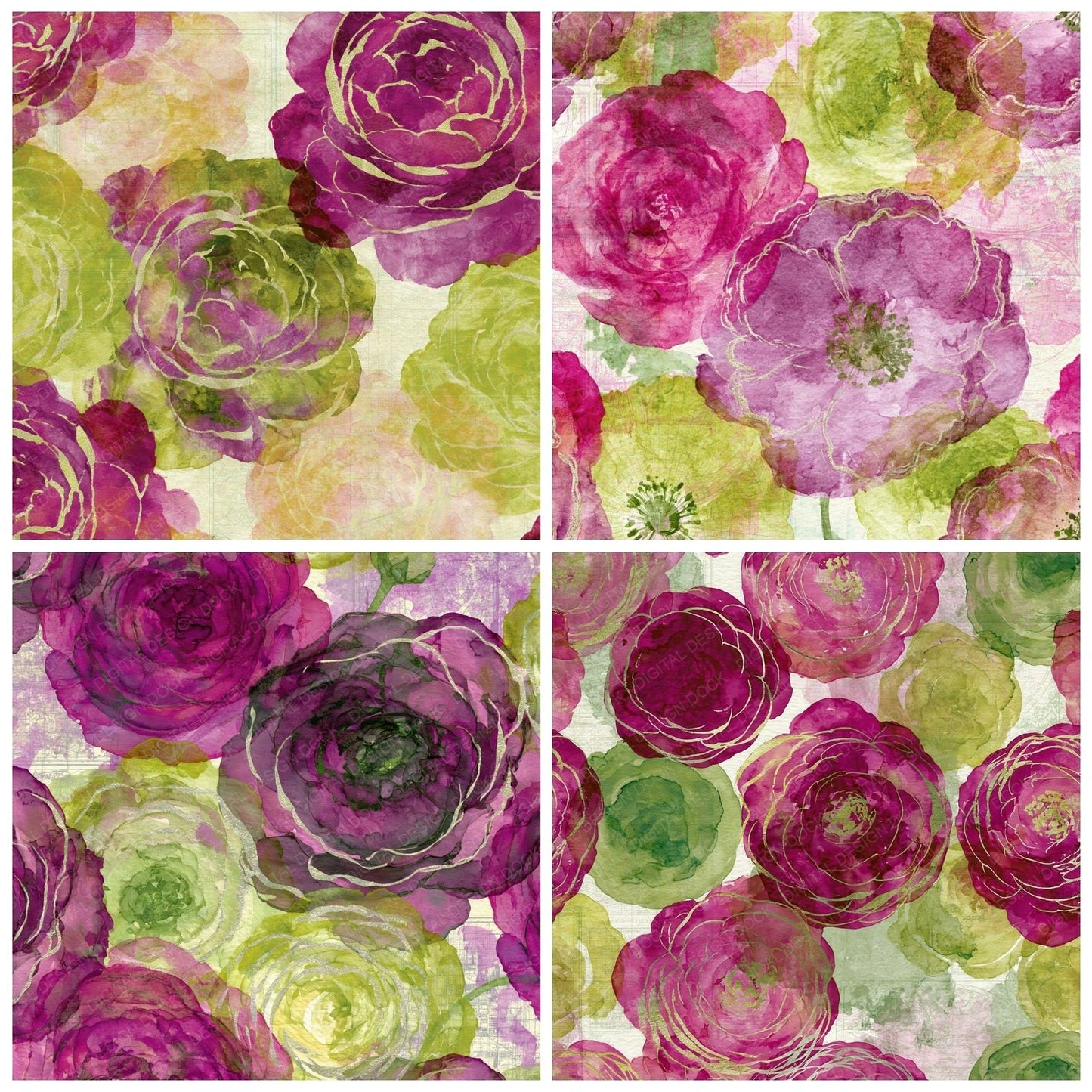 Watercolour Ranunculus Fuchsia Lime Digital Paper Pack (DDD015142)