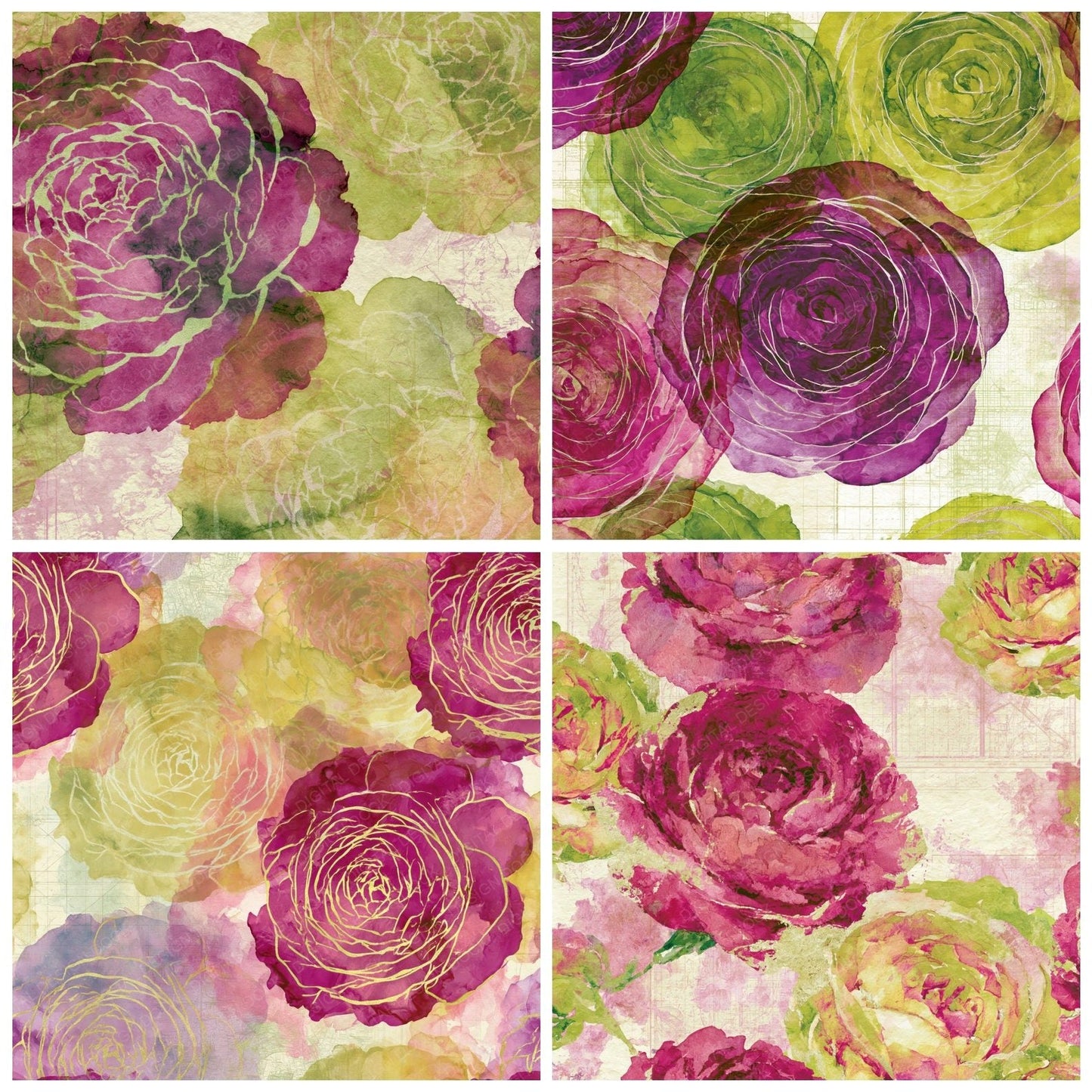 Watercolour Ranunculus Fuchsia Lime Digital Paper Pack (DDD015142)