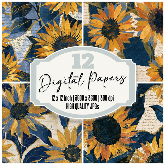 Collage Sunflowers Midnight Gold digital paper pack cover showing four of the 12 papers