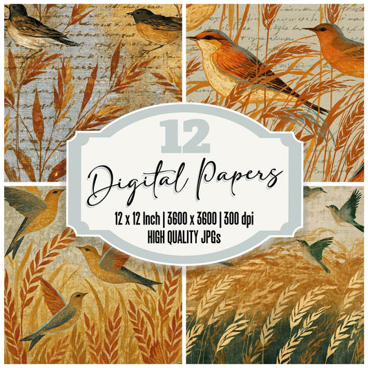 Egg Tempera Larks Wheat Gold digital paper pack cover showing four of the 12 papers