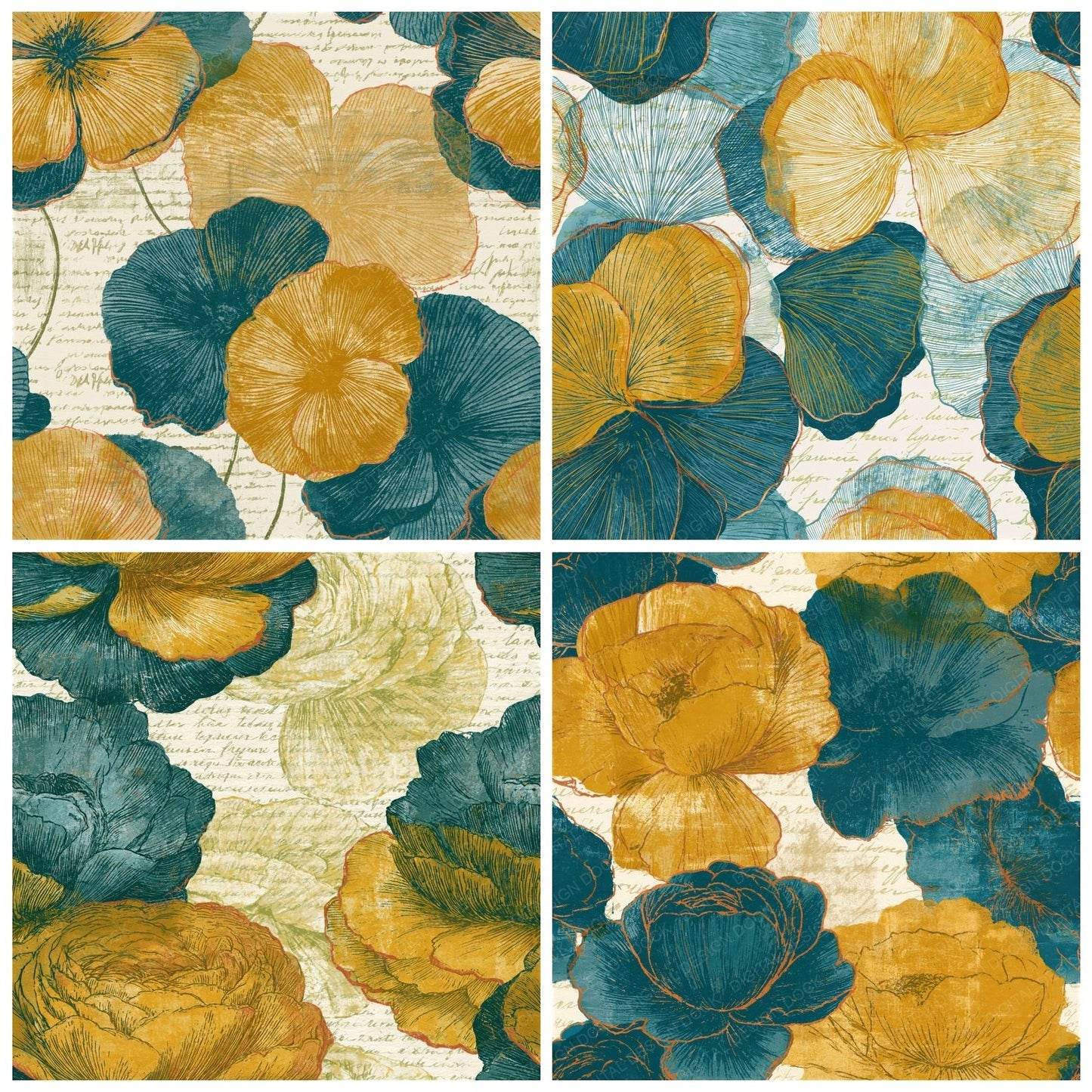 Etching Ranunculus Mustard Teal Seamless Digital Paper Pack (DDD015151)