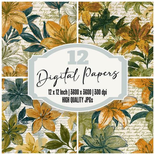 Indian Block Print Lilies Olive Ochre digital paper pack cover showing four of the 12 papers